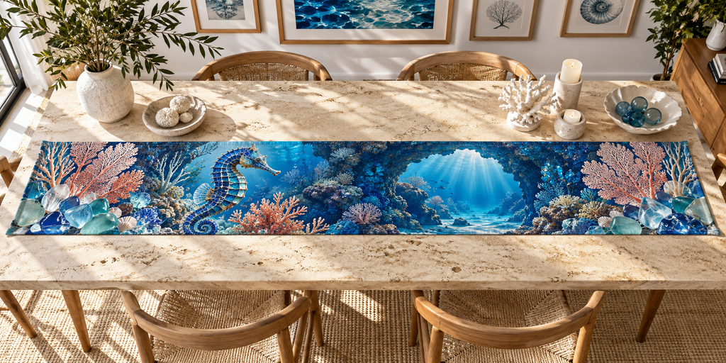 One table runner with original Seahorse Sea Glass Gallery optical-depth print.