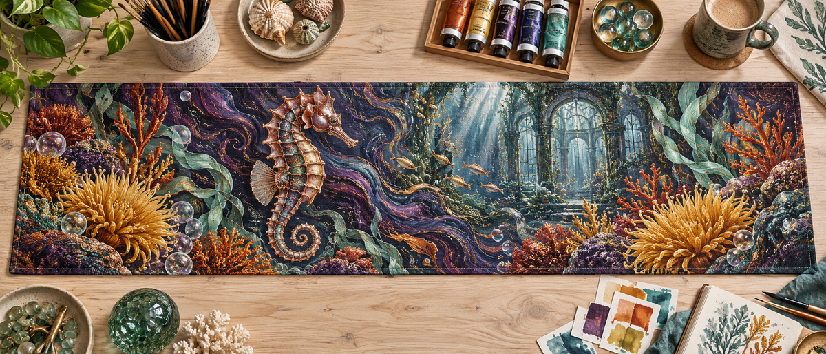 One table runner with original Seahorse Copper Current Atelier optical-depth print.