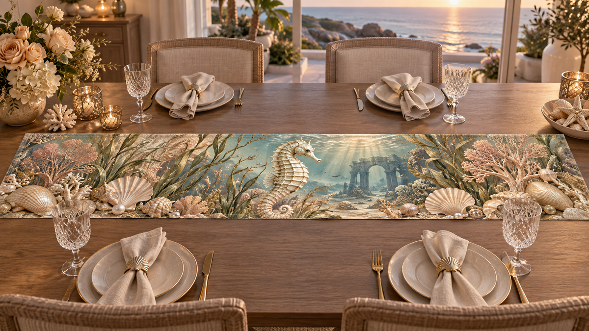 One table runner with original Seahorse Champagne Tide Welcome optical-depth print.