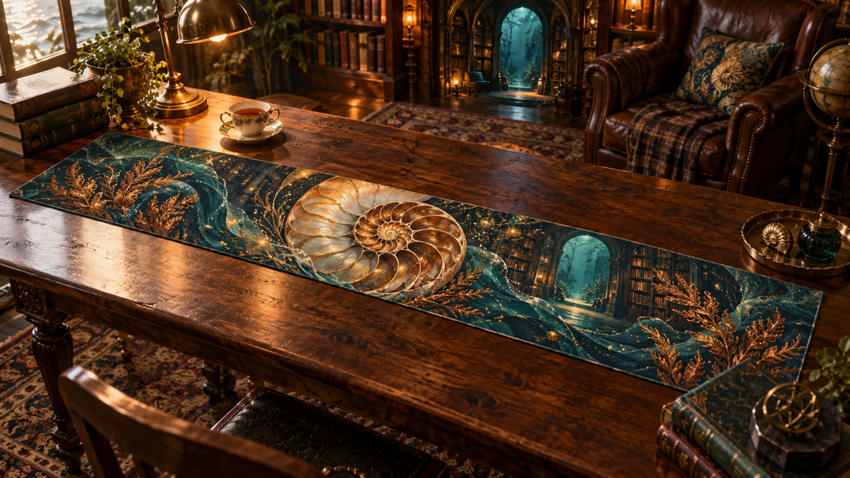 One table runner with original Nautilus Amber Library optical-depth print.