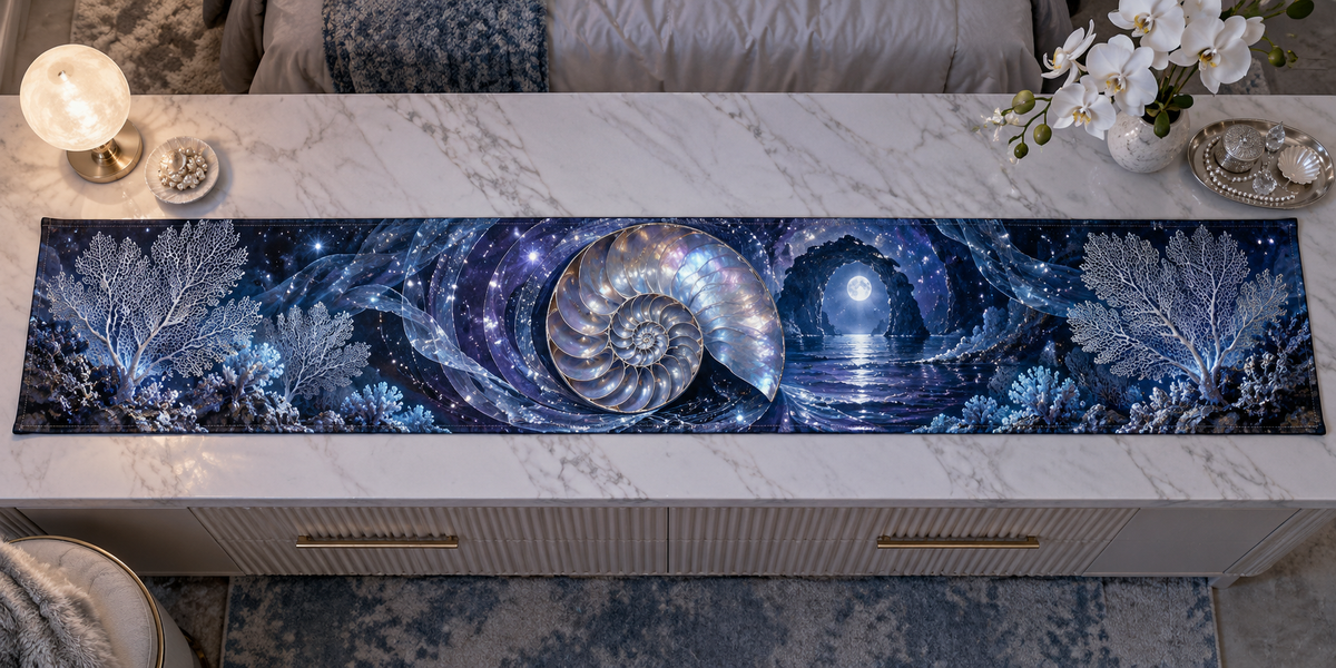 One table runner with original Nautilus Moonstone Observatory optical-depth print.