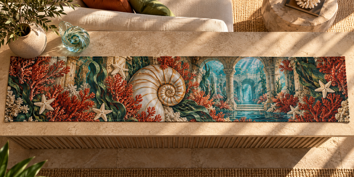 One table runner with original Nautilus Coral Atrium optical-depth print.