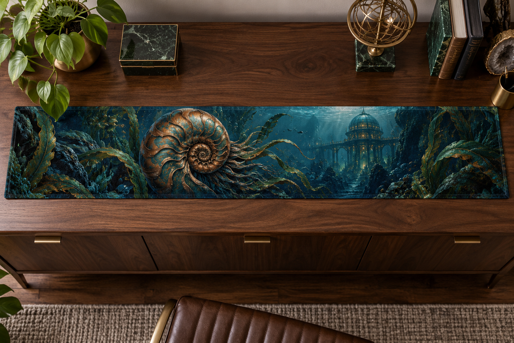 One table runner with original Nautilus Cartographer's Study optical-depth print.