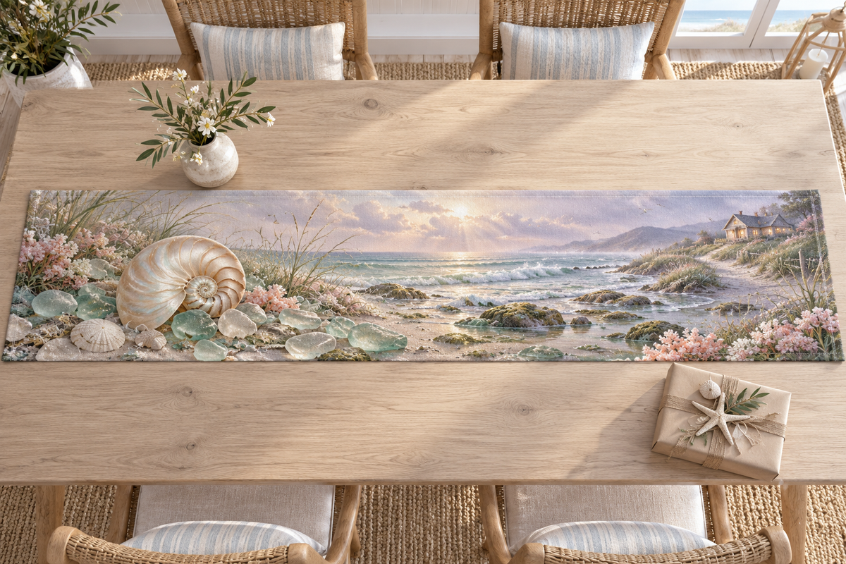 One table runner with original Nautilus Sea Glass Welcome optical-depth print.