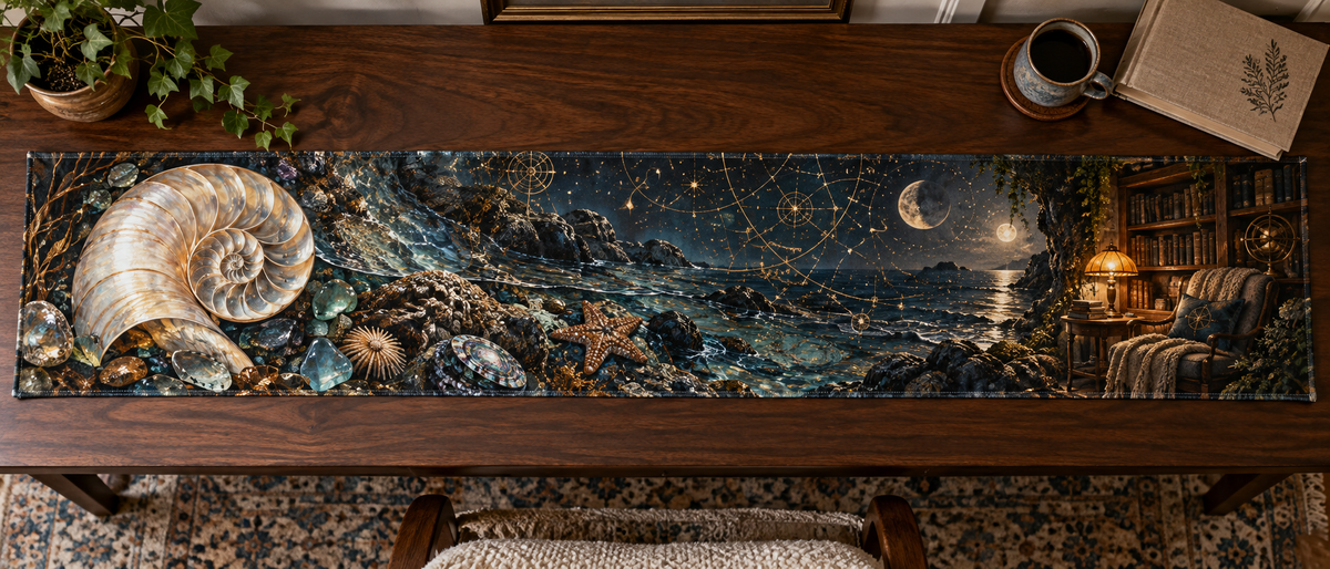 One table runner with original Nautilus Moonlit Reading Nook optical-depth print.