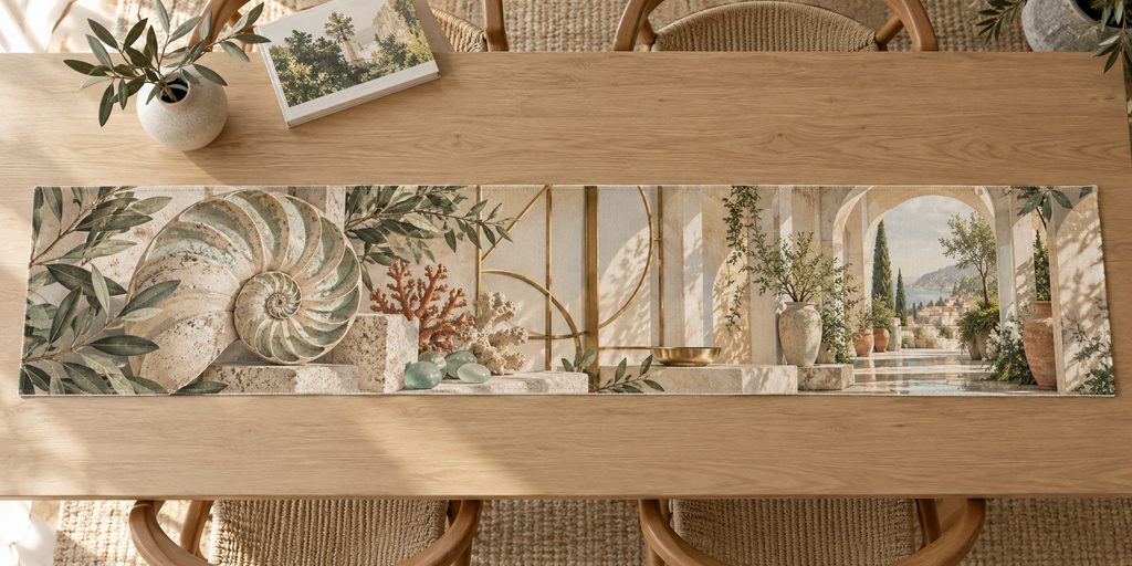 One table runner with original Nautilus Sunroom Gallery optical-depth print.