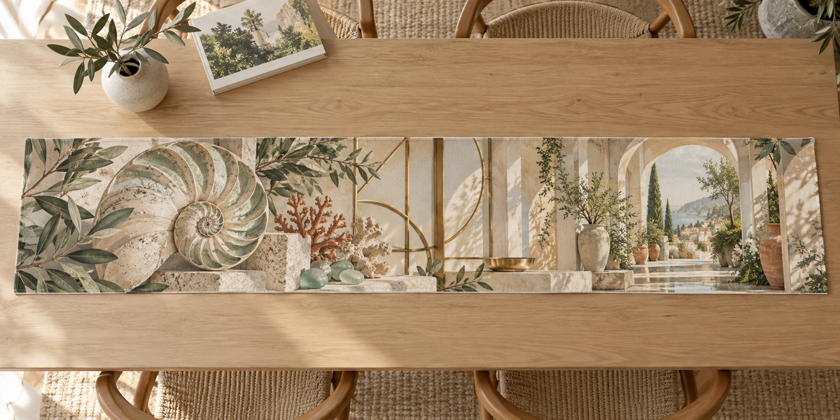 One table runner with original Nautilus Sunroom Gallery optical-depth print.