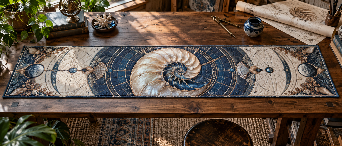 One table runner with original Nautilus Atelier Studio optical-depth print.