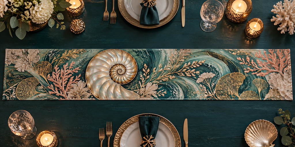 One table runner with original Nautilus Candlelit Welcome optical-depth print.