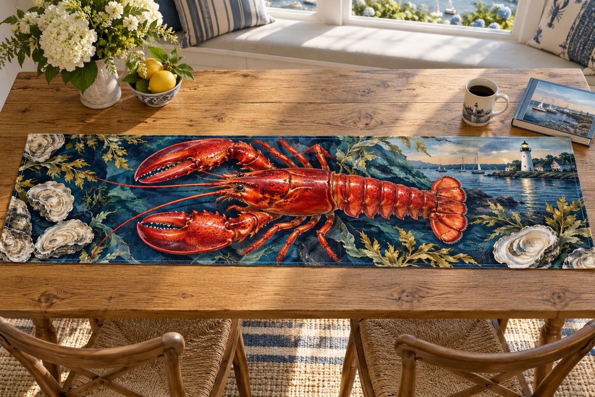 One table runner with original Lobster Harbor Library optical-depth print.