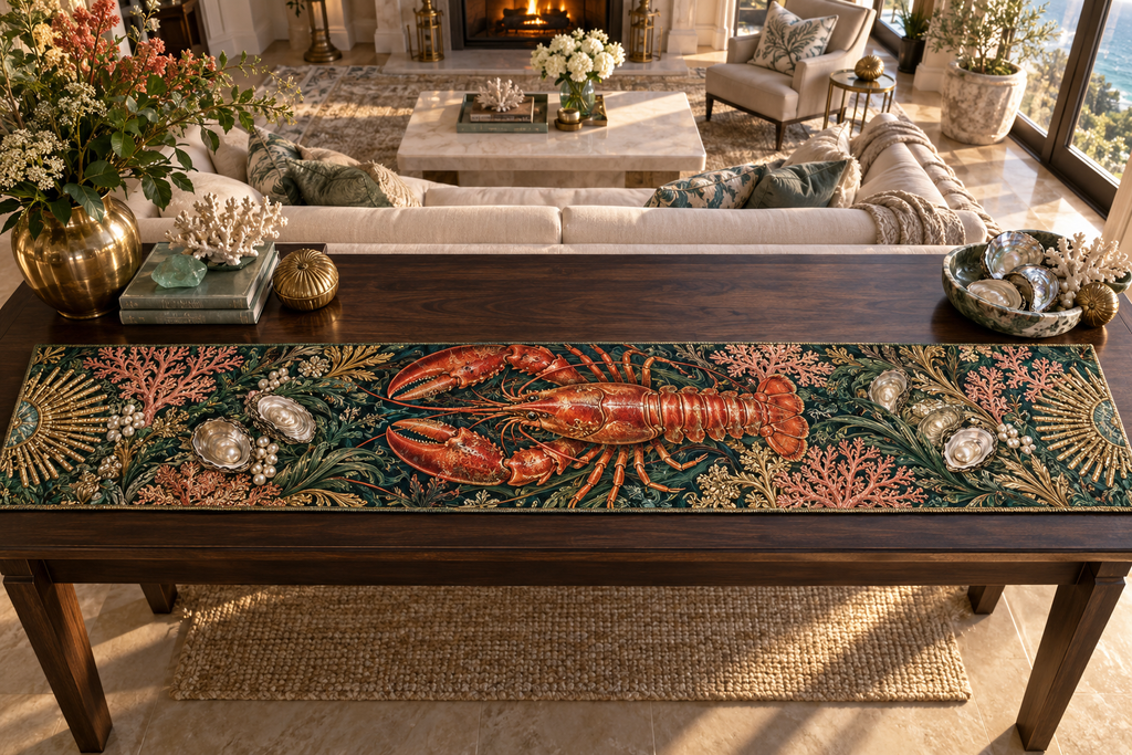 One table runner with original Lobster Coral Salon optical-depth print.