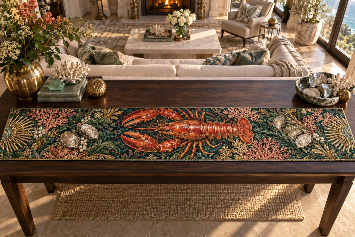 One table runner with original Lobster Coral Salon optical-depth print.