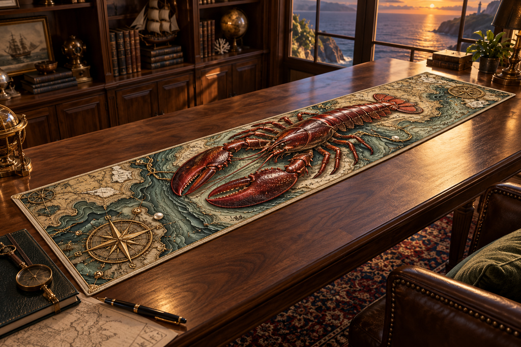 One table runner with original Lobster Cartographer's Study optical-depth print.