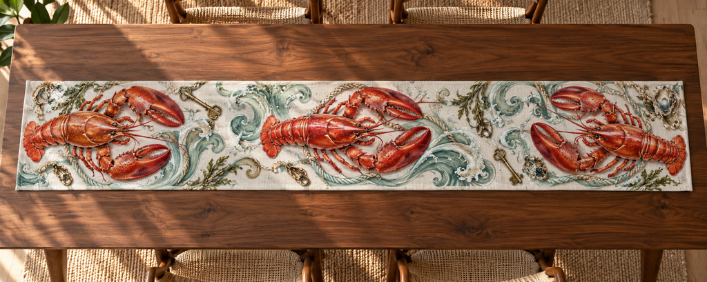 One table runner with original Lobster Welcome Key optical-depth print.