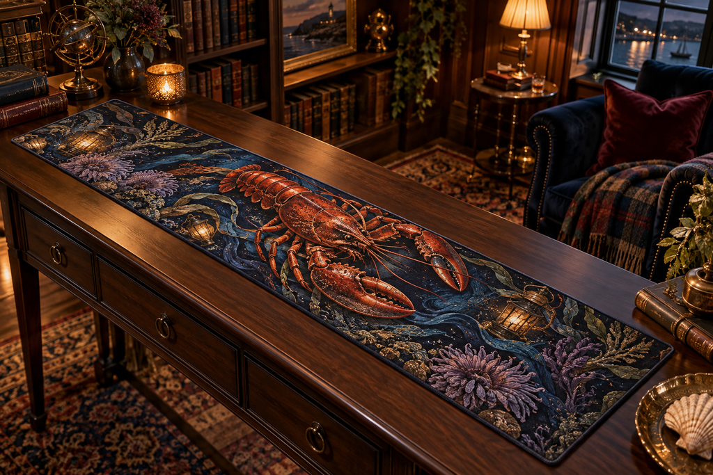 One table runner with original Midnight Cove Library Lobster optical-depth print.