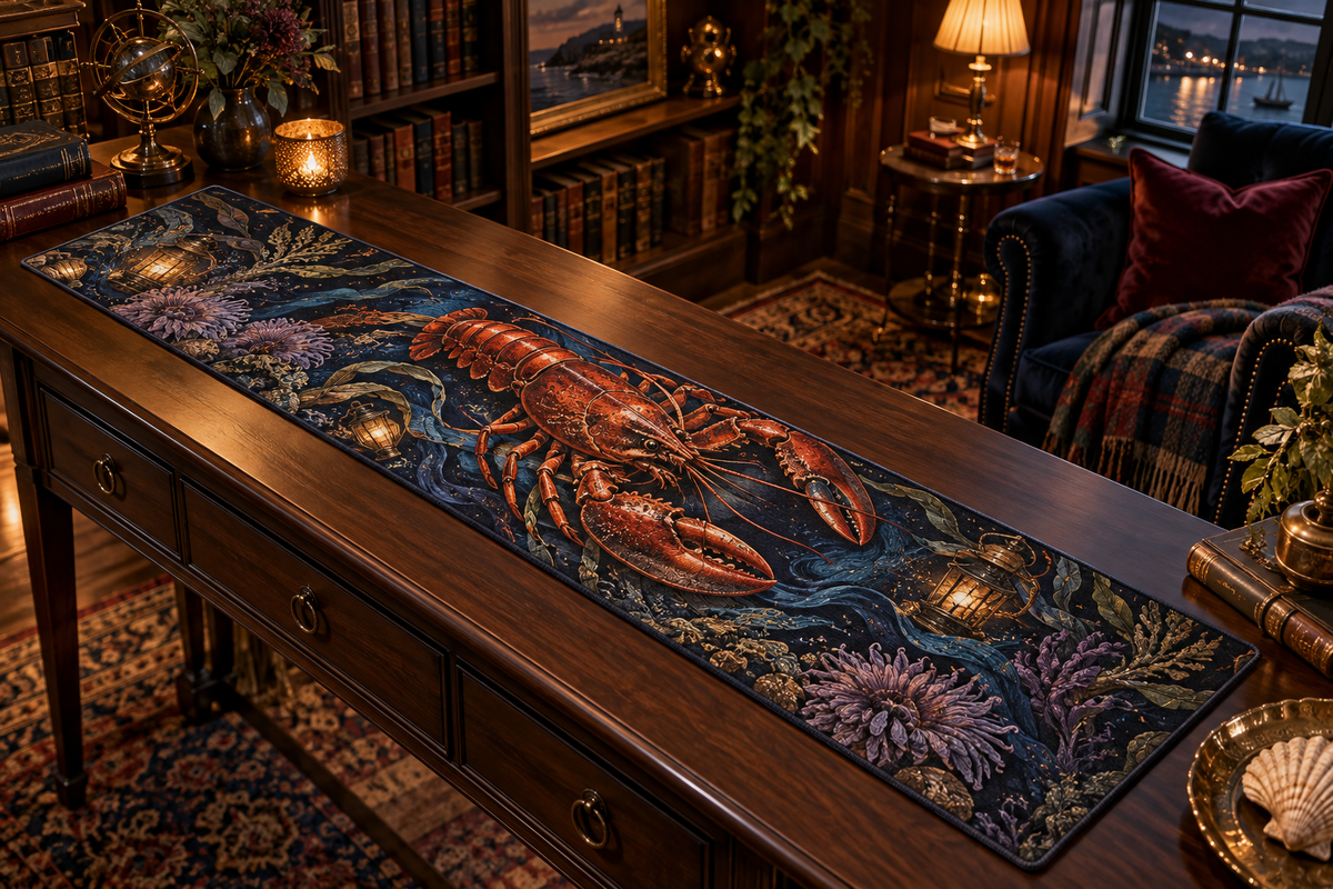 One table runner with original Midnight Cove Library Lobster optical-depth print.