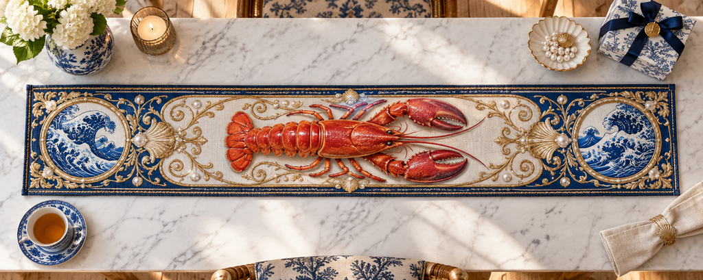 One table runner with original Lobster Porcelain Gallery optical-depth print.