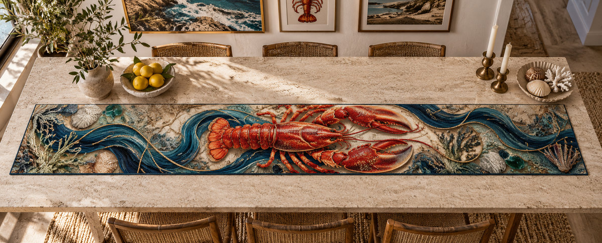 One table runner with original Lobster Tidal Atelier optical-depth print.
