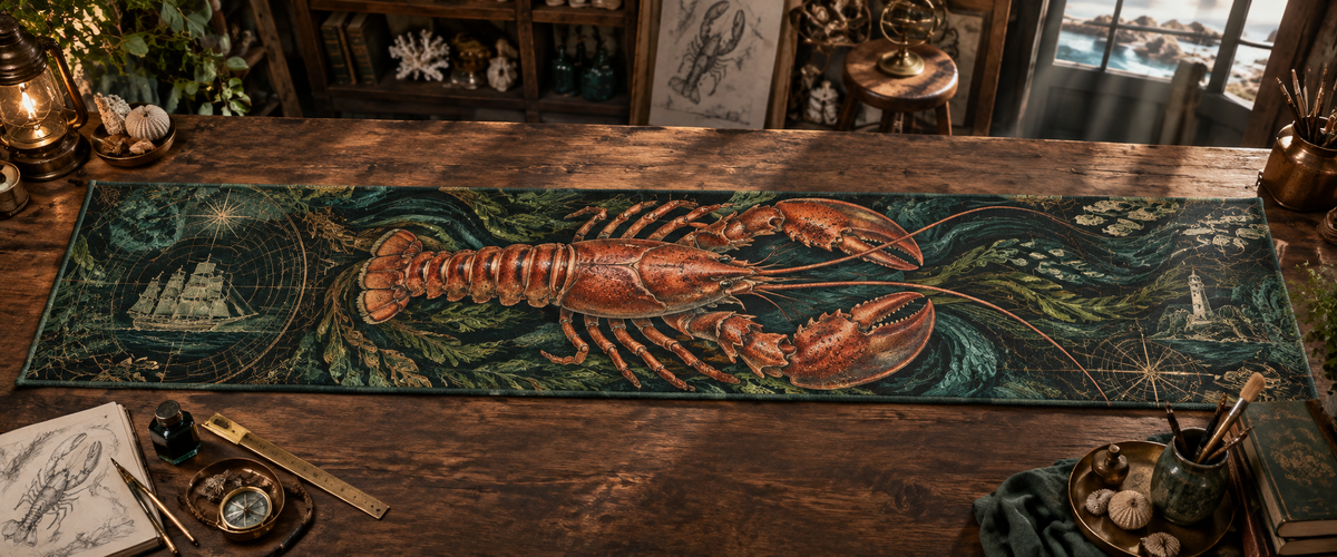 One table runner with original Lobster Mariner Workshop optical-depth print.
