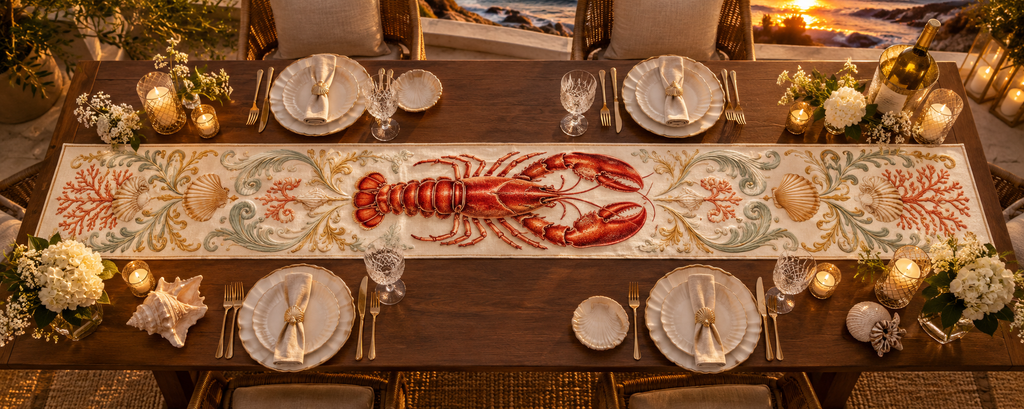 One table runner with original Lobster Sunset Banquet optical-depth print.