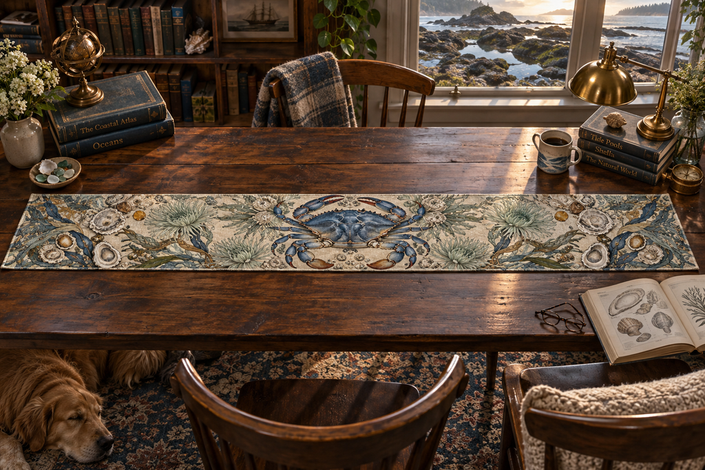 One table runner with original Crab Tidepool Reading Room optical-depth print.