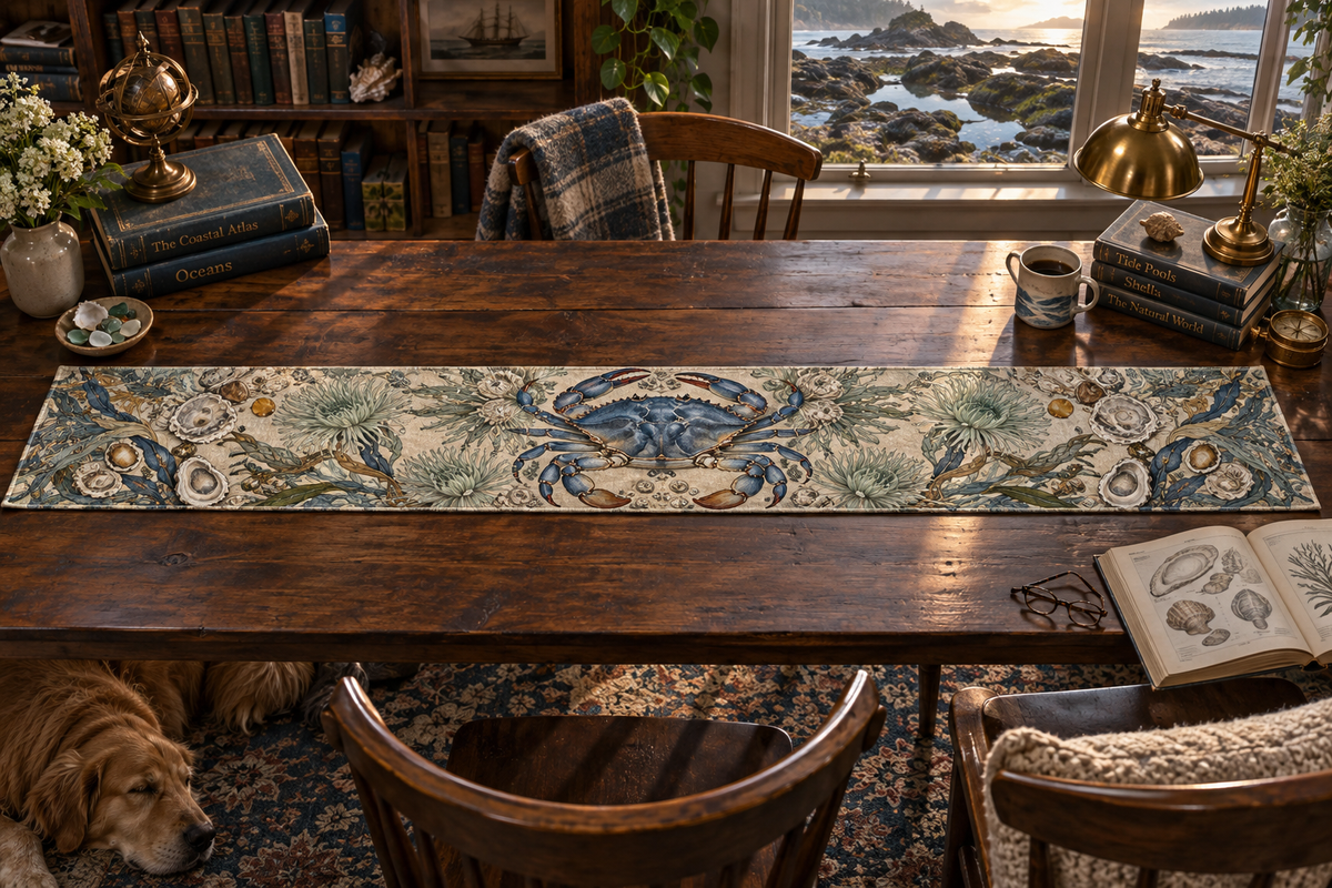 One table runner with original Crab Tidepool Reading Room optical-depth print.