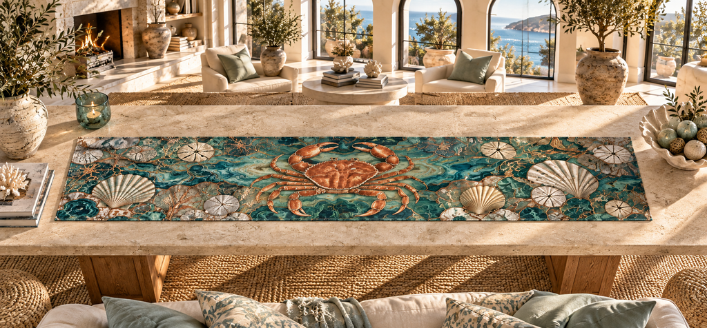 One table runner with original Crab Sunlit Tidal Salon optical-depth print.