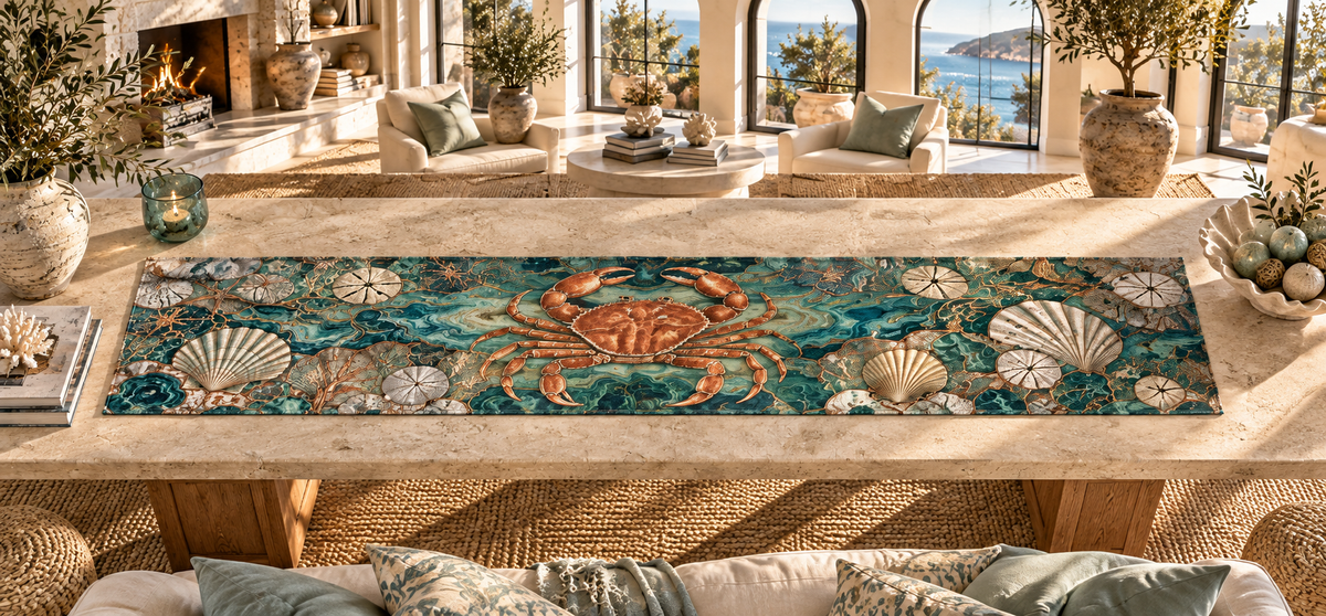 One table runner with original Crab Sunlit Tidal Salon optical-depth print.