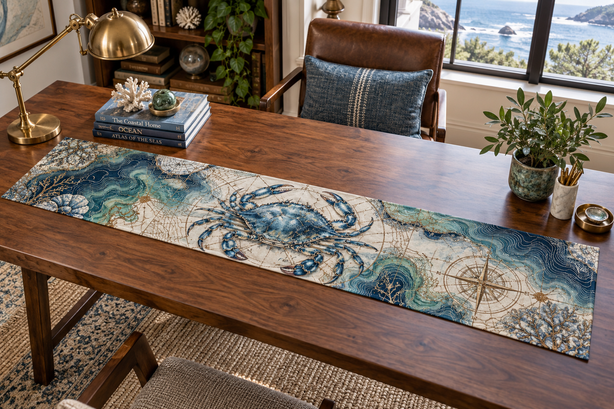 One table runner with original Crab Cartographer Study optical-depth print.