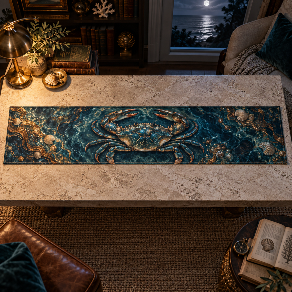 One table runner with original Crab Moonlit Tide Library optical-depth print.