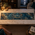 One table runner with original Crab Moonlit Tide Library optical-depth print.