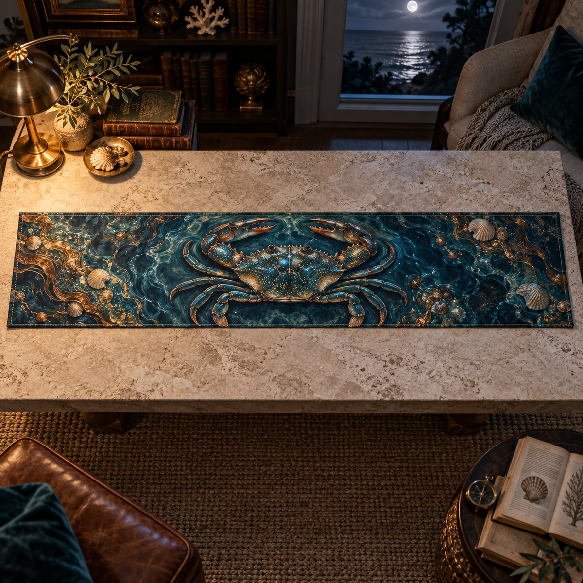 One table runner with original Crab Moonlit Tide Library optical-depth print.