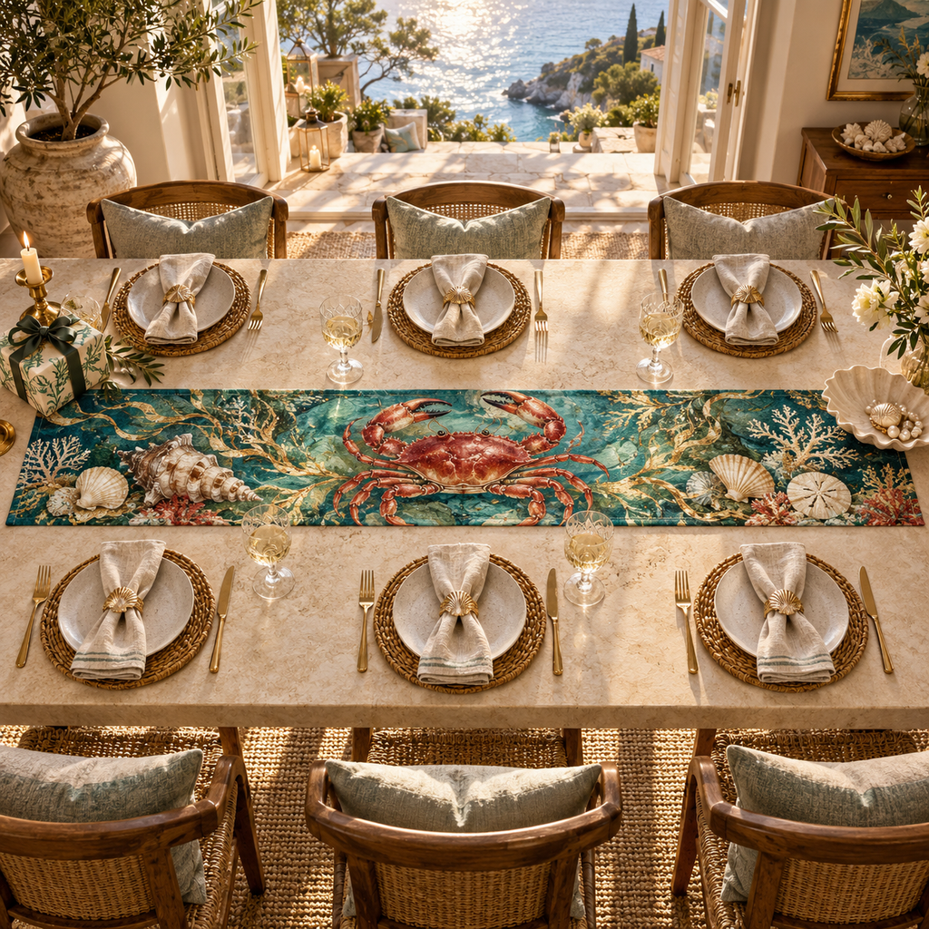 One table runner with original Crab Garnet Shoal Birthday optical-depth print.