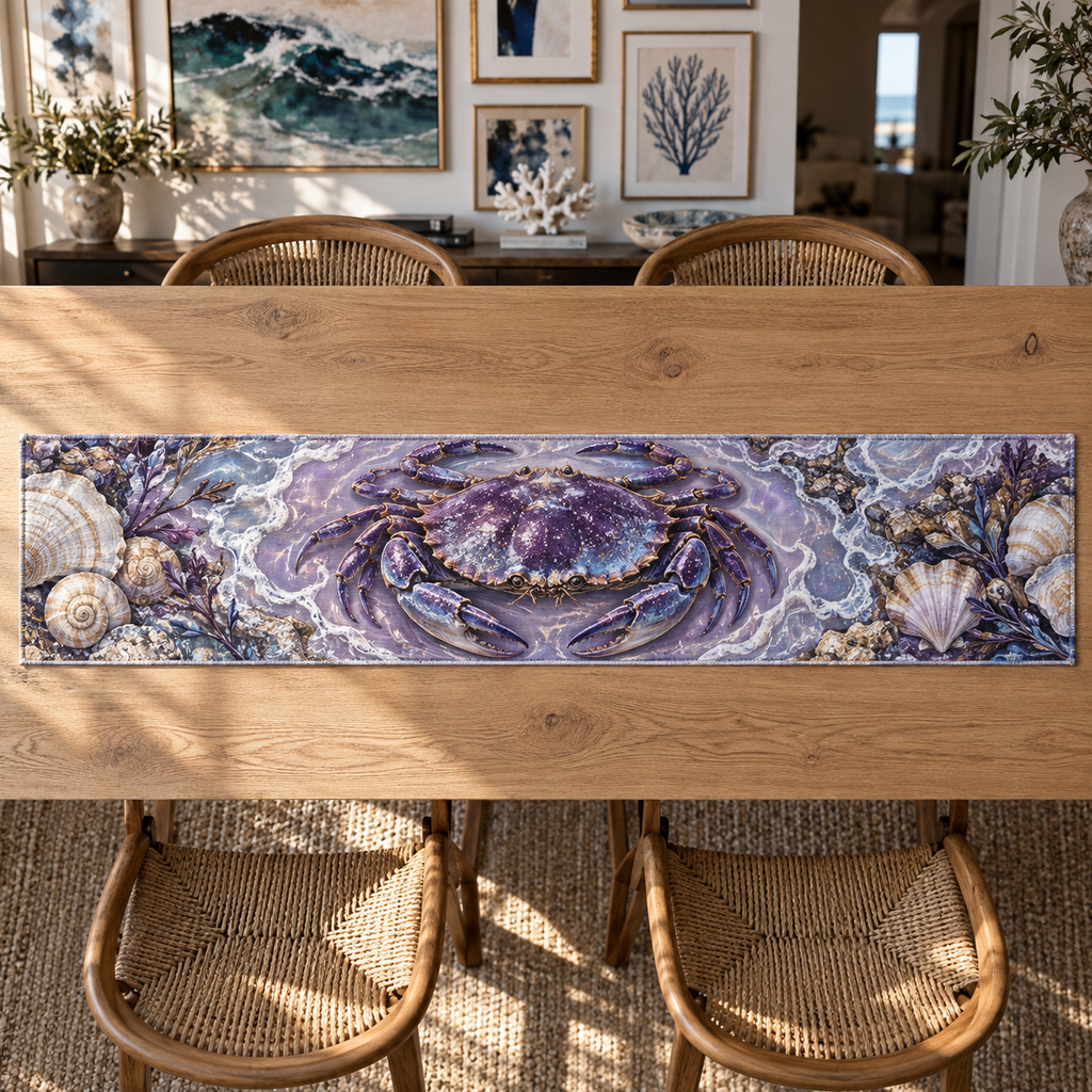 One table runner with original Crab Amethyst Gallery optical-depth print.