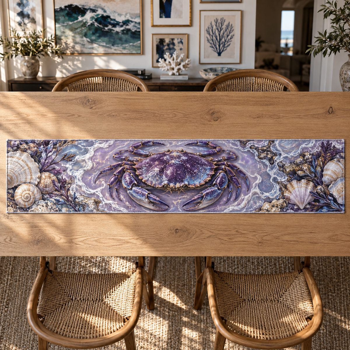 One table runner with original Crab Amethyst Gallery optical-depth print.