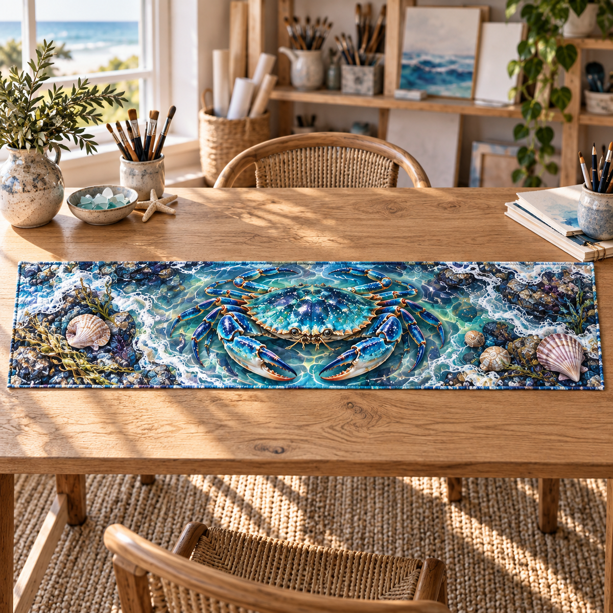 One table runner with original Crab Tidal Pool Studio flat printed optical-depth artwork.