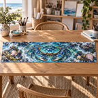 One table runner with original Crab Tidal Pool Studio flat printed optical-depth artwork.