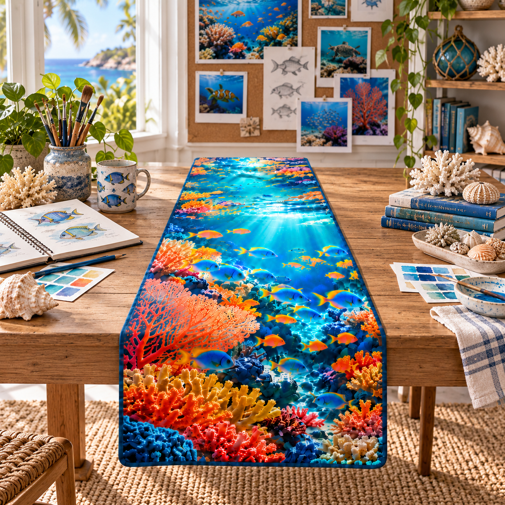 One table runner with original reef fish hobby studio flat printed optical-depth artwork.