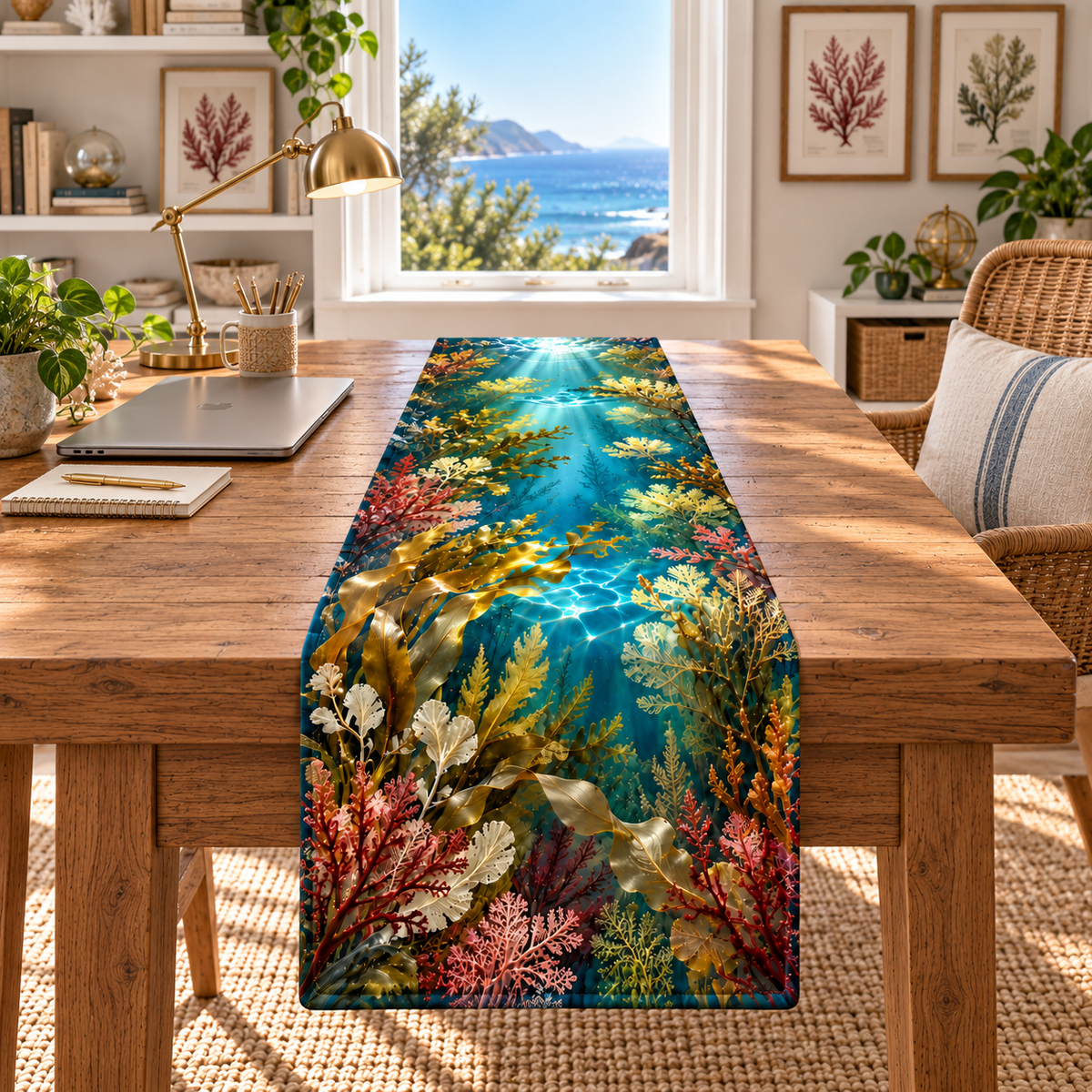 One table runner with original seaweed herbarium home office flat printed optical-depth artwork.