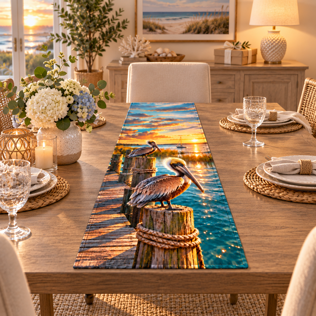 One table runner with original pelican dock housewarming flat printed optical-depth artwork.