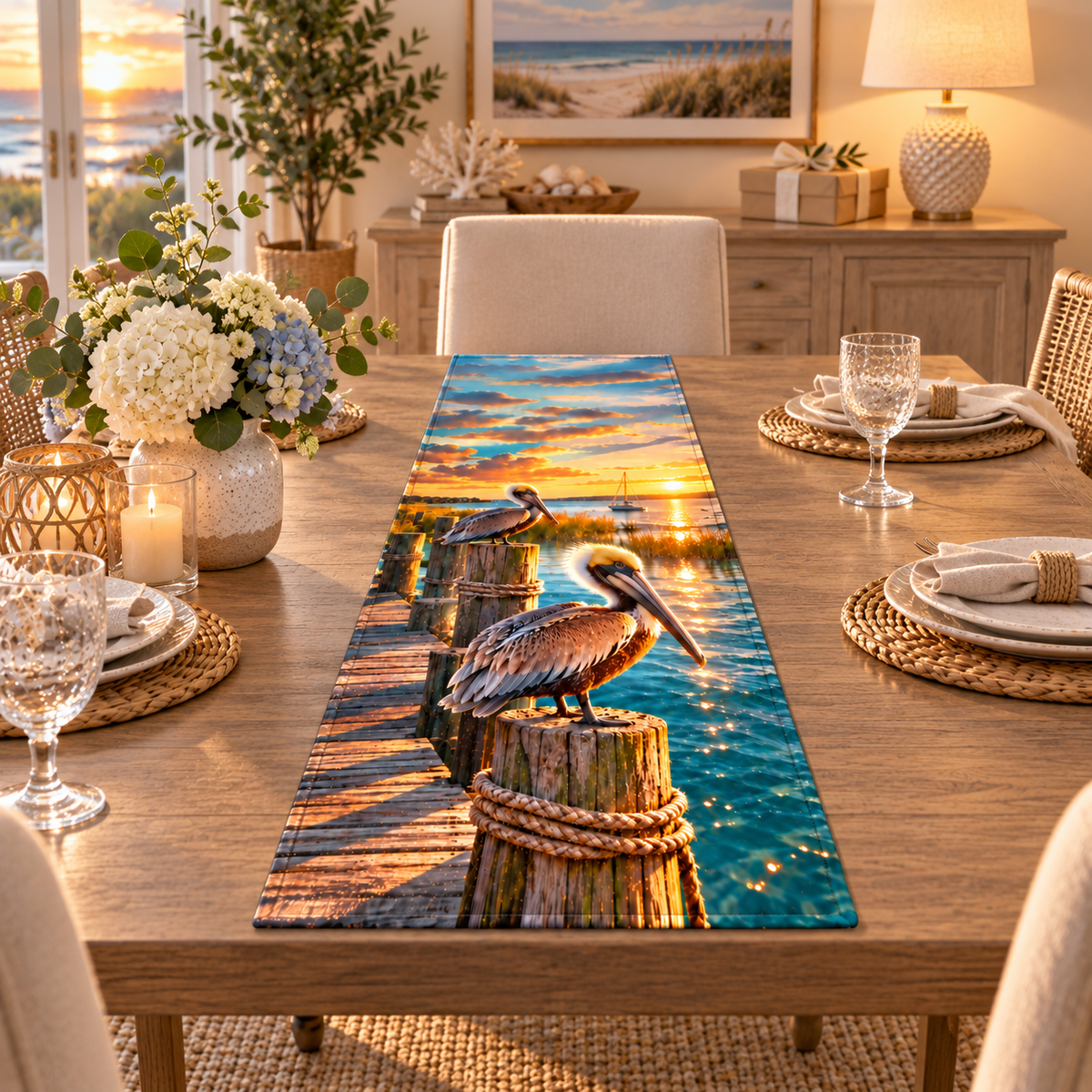 One table runner with original pelican dock housewarming flat printed optical-depth artwork.