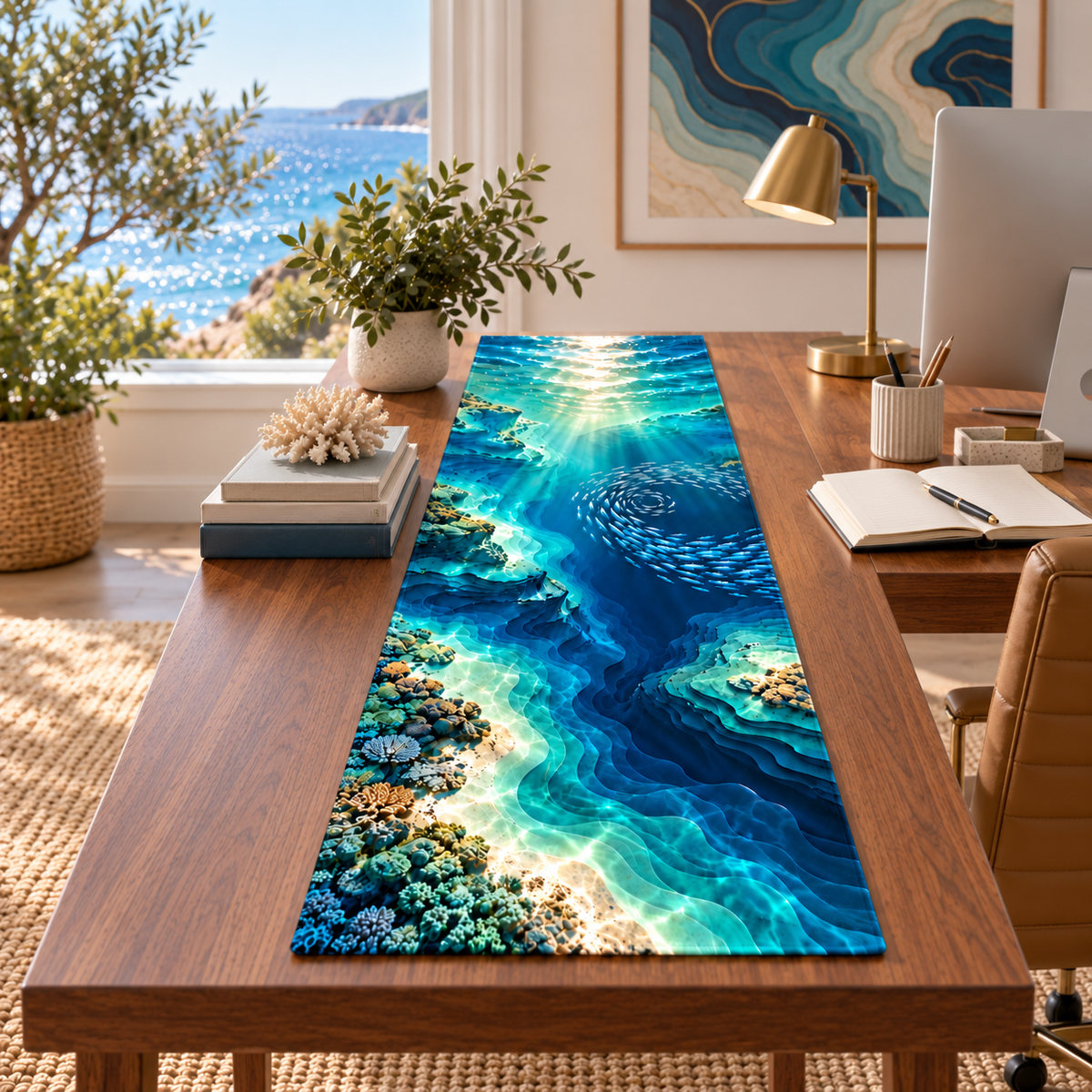 One table runner with original ocean depth contours home office flat printed optical-depth artwork.