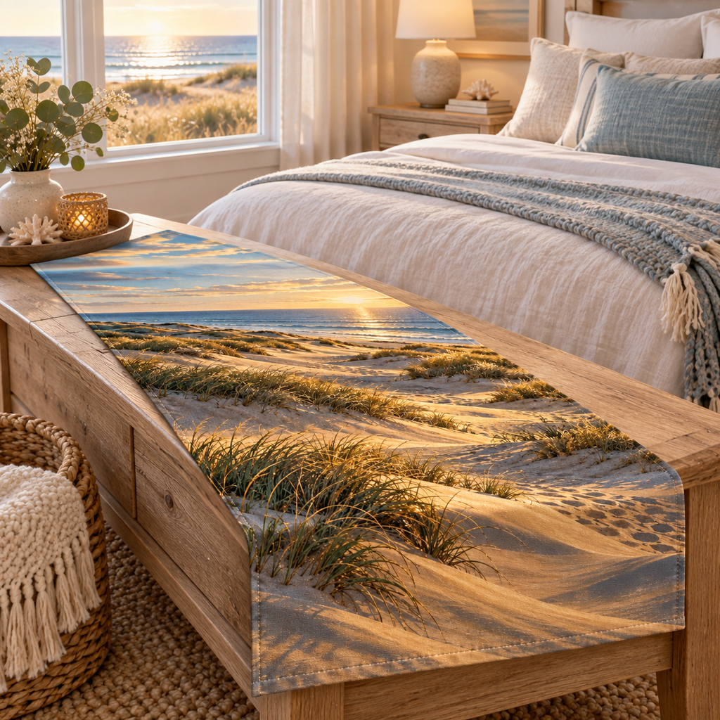 One table runner with flat printed layered golden sand dunes, dune grass and distant blue sea artwork in a coastal bedroom.