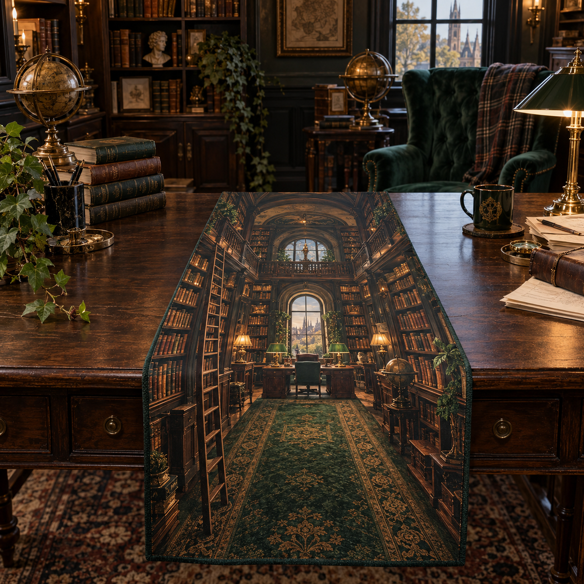 One table runner with flat printed layered private library shelves, brass lamps, writing desk and arched window artwork in a dark academia home office.