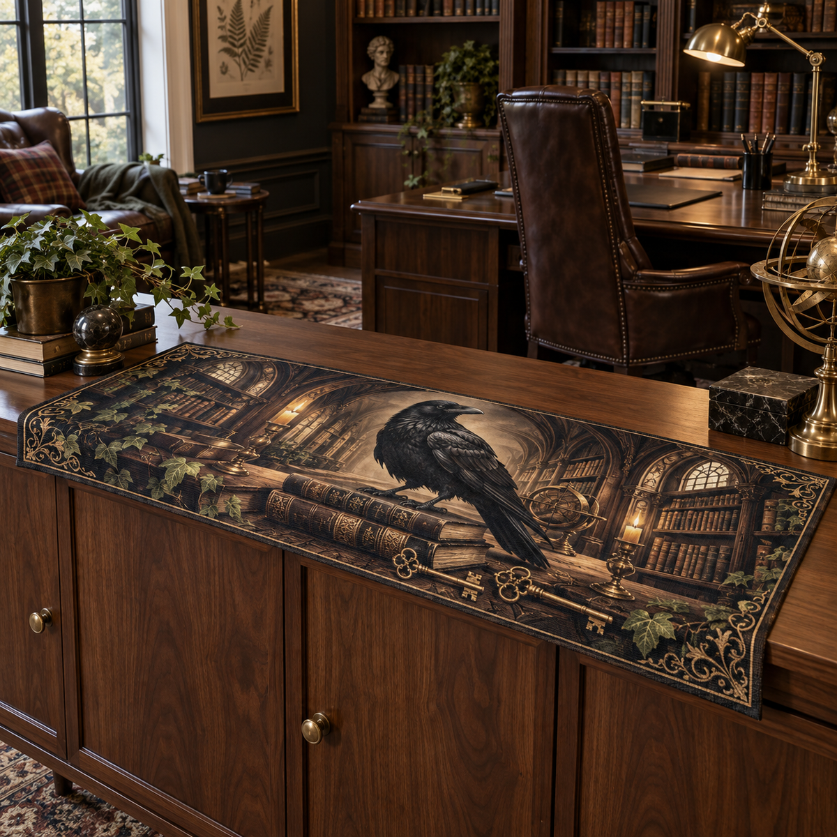 One table runner with flat printed raven, antique books and brass keys in a dark academia home office.