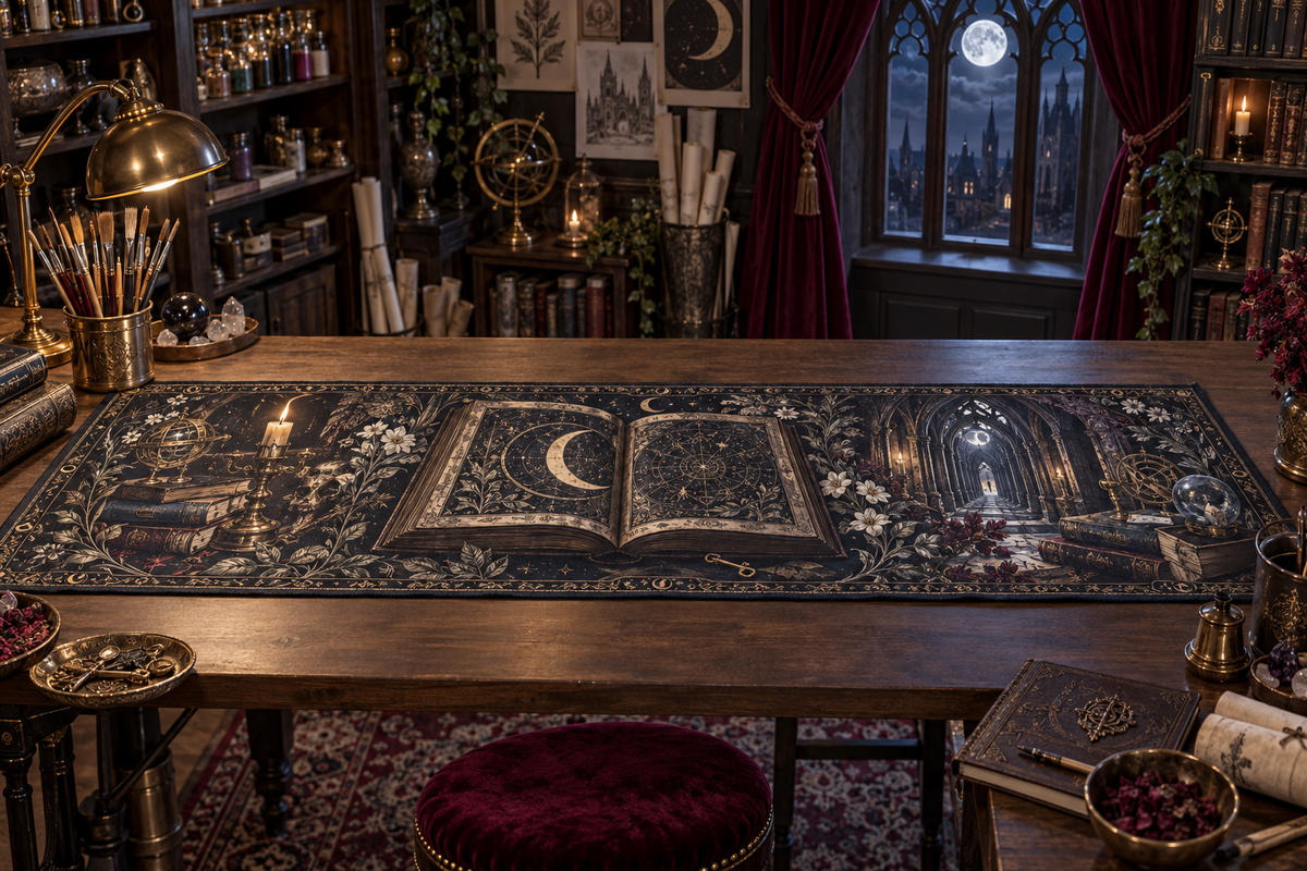 One table runner with flat printed open gothic grimoire, moon and brass key in a gothic hobby studio.