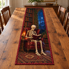 Skeleton Candlelight Library Table Runner. One skeleton reading in a burgundy chair, bookshelves and arched night window; flat printed optical depth on one bound rectangular fabric runner.