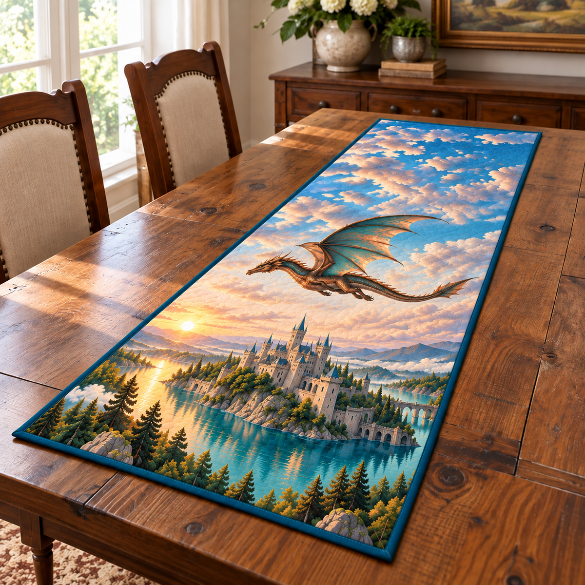 Dragon Island Castle Dawn Table Runner. Flat printed gliding dragon over a lake island castle.