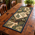 Pressed Fern Herbarium Books Table Runner. Flat printed fern specimen album on stacked books with brass lens.