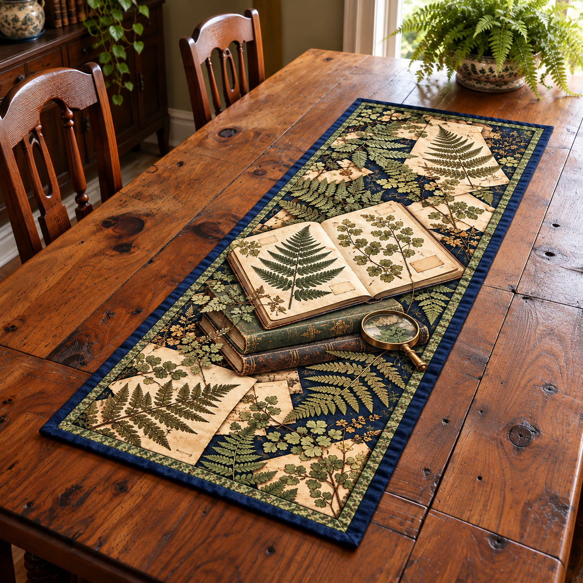 Pressed Fern Herbarium Books Table Runner. Flat printed fern specimen album on stacked books with brass lens.